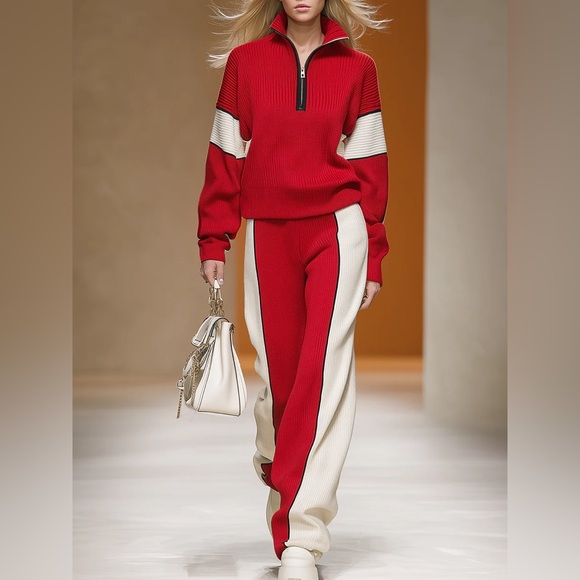 Oyrosy Sports Style Contrast Color Knit Top And Pants Set NWT Knit Lounge Set